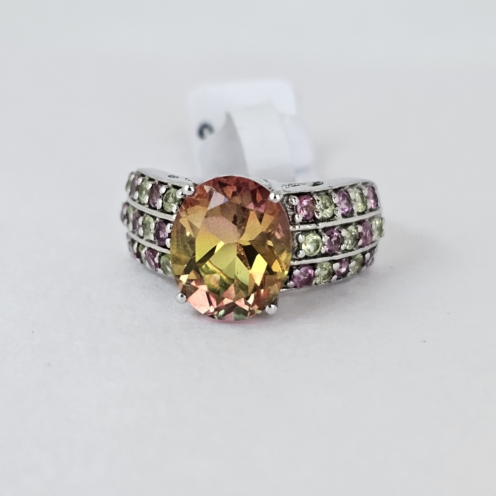 Genuine Genesis Quartz & Tourmaline Ring in Platinum/ Sterling Silver Sz 8!
